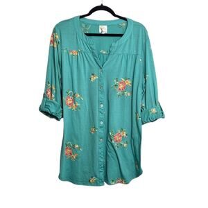 Fig & Flower Women Floral Embroidered Button Top Plus SZ 2X Boho Cottagecore